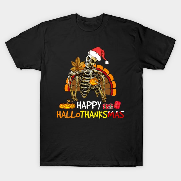 Happy Hallothanksmas Skeleton Halloween Merry Christmas T-Shirt by Michelin